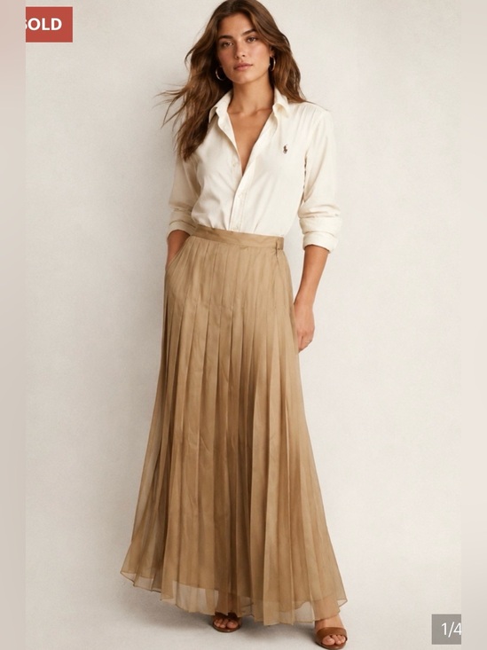 Ralph Lauren Dresses & Skirts - Ralph Lauren Blue Label 100% Silk Pleated Maxi Skirt Gold Tan Size 2 Formal Long